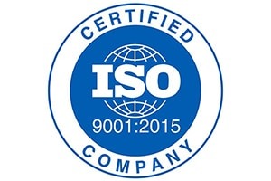 Blåt og hvidt logo med teksten ISO 9001:2015 Certified Company