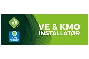 Grøn logo med teksten VE & KMO Installatør